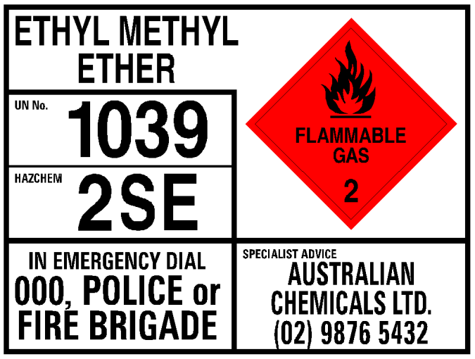 A dangerous goods EIP for ethyl methyl ether.
